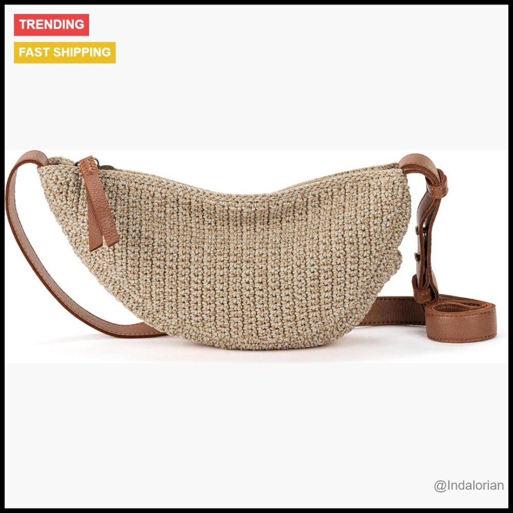Crochet Sling Crossbody Bag Handcrafted Vegan Leather Adjustable Strap Travel